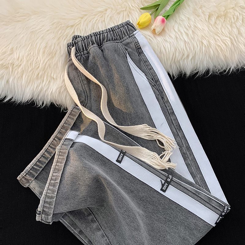 Striped Patchwork Jeans for Men in Autumn Trendy Brand Loose Straight Wide-leg American High Street Large Size Casual Long Pants