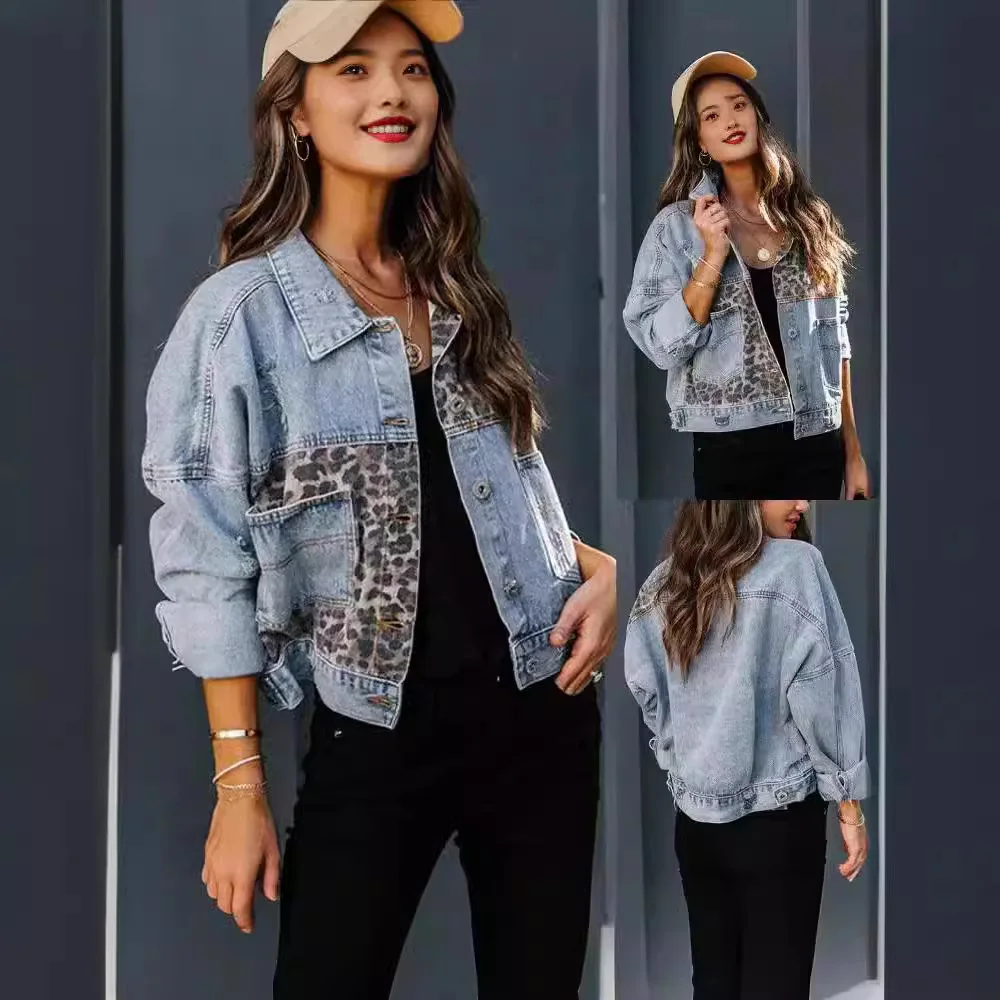 Cross-Border Amazon Denim Jacket Women's Long Sleeve Standalone European and American Style Denim Coat Women's Leopard Printed