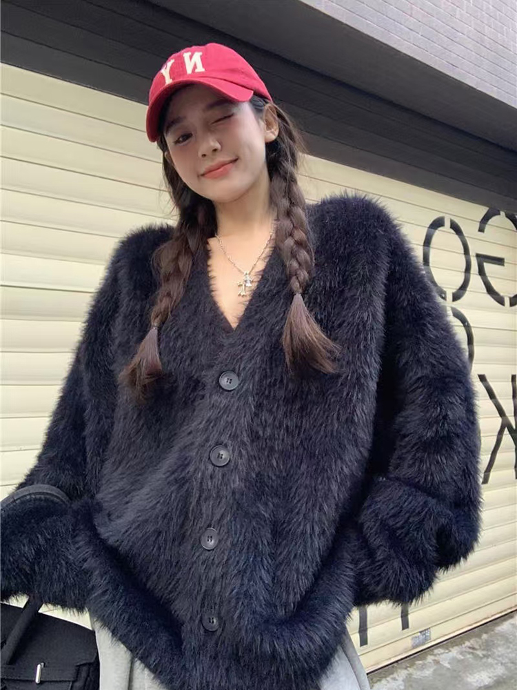 Mink Cashmere Knitting Cardigan Fall Winter Thick Loose Lazy Style V Neck Cardigan Female Korean Long Sleeve Button Black Coat