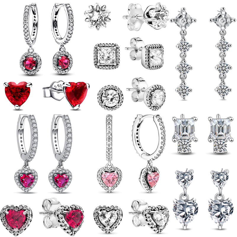 New 925 Sterling Silver Sparkling Love Heart Square Zircon Charm Stud Earrings Women Girl Fine Original Design Jewelry Wholesale