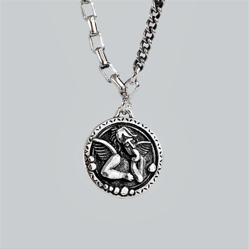 New Retro Thai Silver Angel Coin 925 Sterling Silver Jewelry Round Card Hip Hop Asymmetric Splicing Pendant Necklaces HZX102