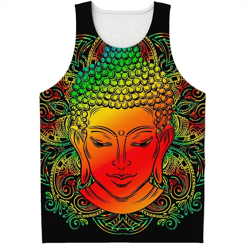Colorful Buddha Statue Mandala Tank Tops Men Summer Sleeveless Vest Street Casual 3D Printed Buddhism Graphic Loose Tee Shirts