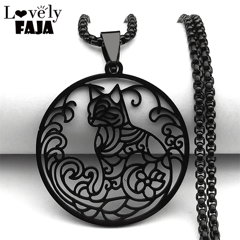 New Hip-Hop Style Stainless Steel Cat Personalized Pendant Necklace For Men Women Black Hollow Flower Animal Jewelry Gifts