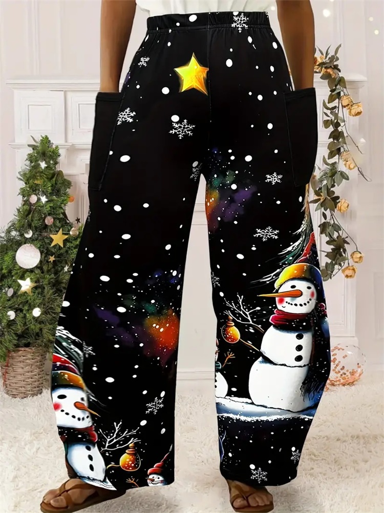 Christmas Snow 3D Printing Loose Casual Women's Bloomers, Outdoor Casual Comfortable Pants, Christmas Dinner Trend Women's Cloth