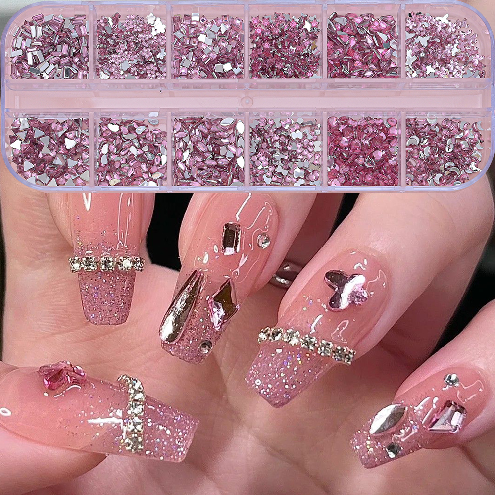 12Grids Pink Crystal Nail Art Rhinestone Mixed Shape AB Flatback 3D Luxury Nail Glitter Charms Gems DIY Nail Art Decorat Diamond