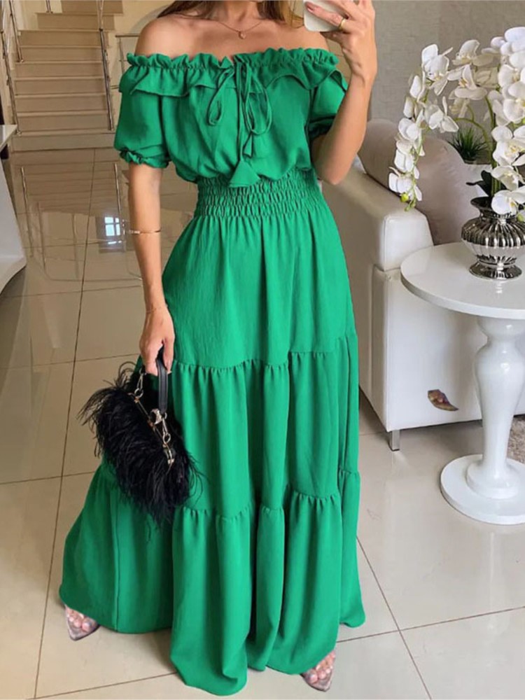 Fashion Elegant Beach Party Dress Summer Solid Boho Short Sleeved Long Dresses With Ruffled Edges Robe Femme Women Clothes new