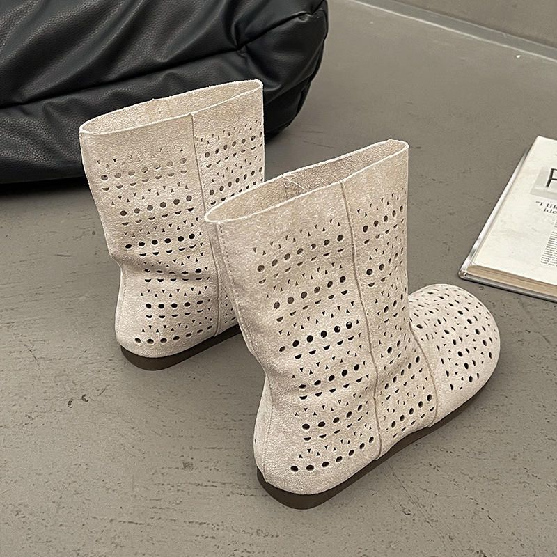 Fashion Stylish Versatile Vintage Women Shoes Leather Women Round Toe Flat Solid Boot Hip hop Rock Punk Style Designer Slip On Hollow Out Ankle Shor
