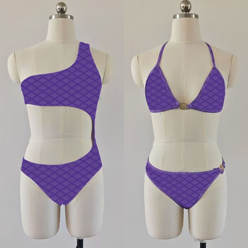 Womens One Piece Swimsuits Luxury Sexy Hollow Out Bikini Swimwear Designer Letter Printed Bathing Suit Charming Purple Swimsuit For Beach Vacatio
