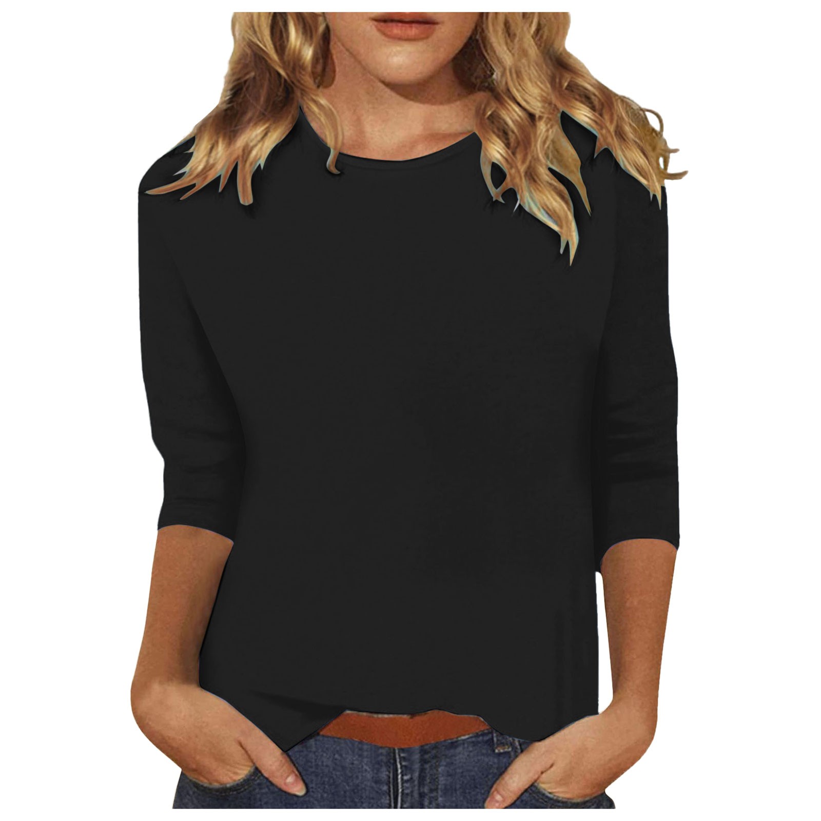 Women Black Casual T-Shirts 2024 Solid Color Loose Leisure Basic Tees Top Spring Summer 3/4 Sleeve Round Neck Female Clothing