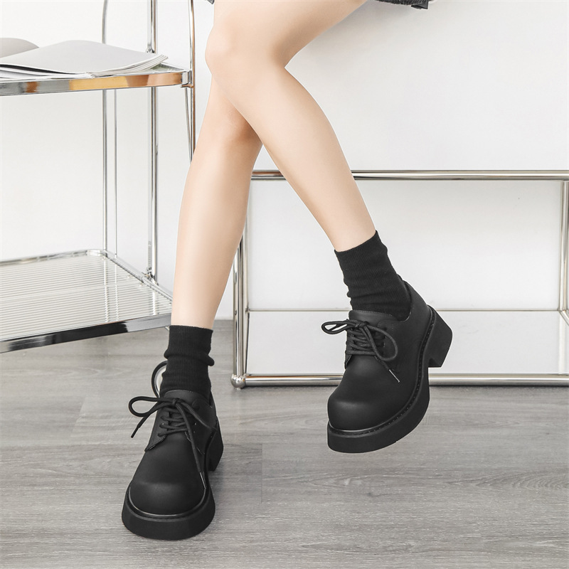 Stylish Fashion Women Men Leather Shoes Oversized Business Versatile Round Toe Women Wen Leather Thick Sole Chunky Rock Gothic Punk Style Lace Up Le