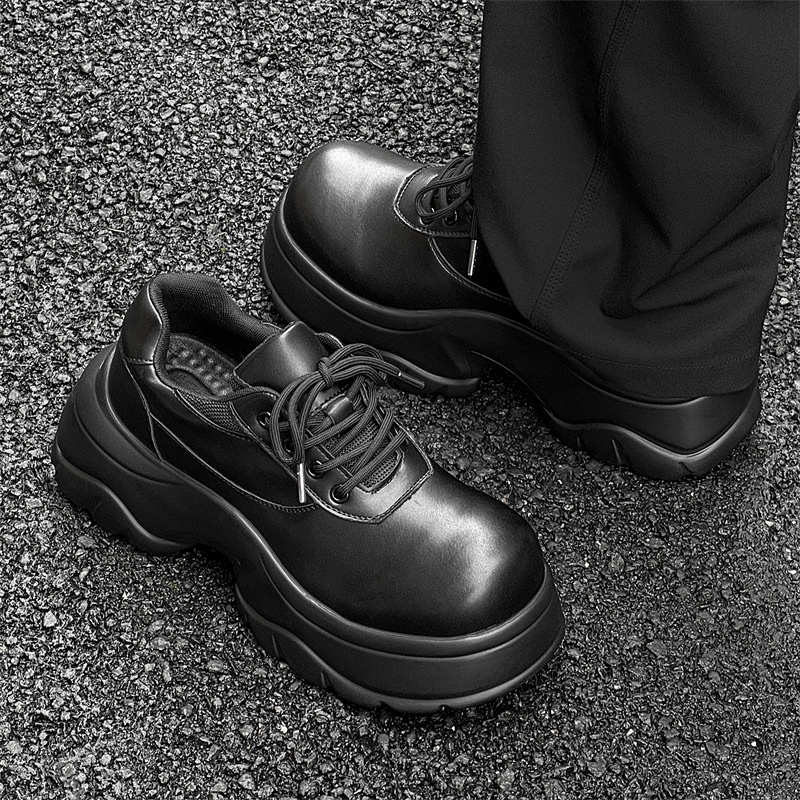 Stylish Fashion Black Men Leather Shoes Oversized Business Versatile Round Toe Leather Thick Sole Vintage Rock Gothic Punk Style Shallow Lace Up