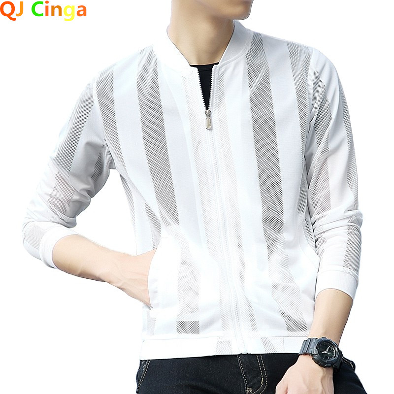 2025 New Mesh Stripe Sun Protection Clothing Trend Summer Men Skin Clothing Solid Color Wild Jacket Asian Size M-3XL 4XL 5XL