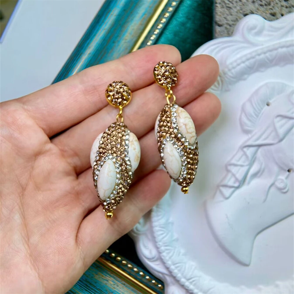 Vintage White Turquoise Crystal Dangle Earrings Waterdrop 18K Gold Color Plating Black Agate Onyx Rhinestone Jewelry for Women