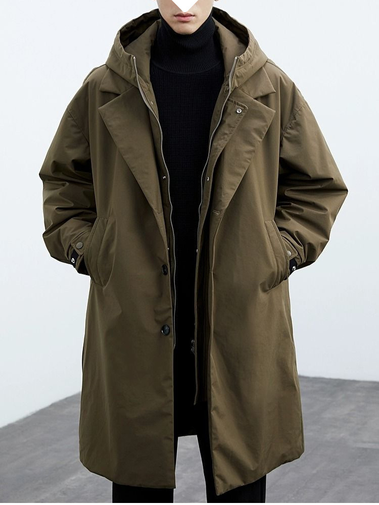Spring Autumn Korean Version New Solid Color Coat Men Trendy Fake Two Piece Hooded Mid Length Loose Windbreaker