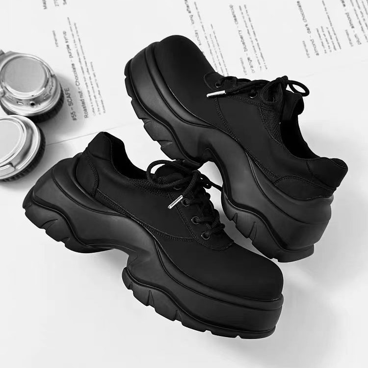 Stylish Fashion Black Women Men Leather Shoes Oversized Business Versatile Round Toe Leather Thick Sole Vintage Rock Gothic Punk Style Shallow La