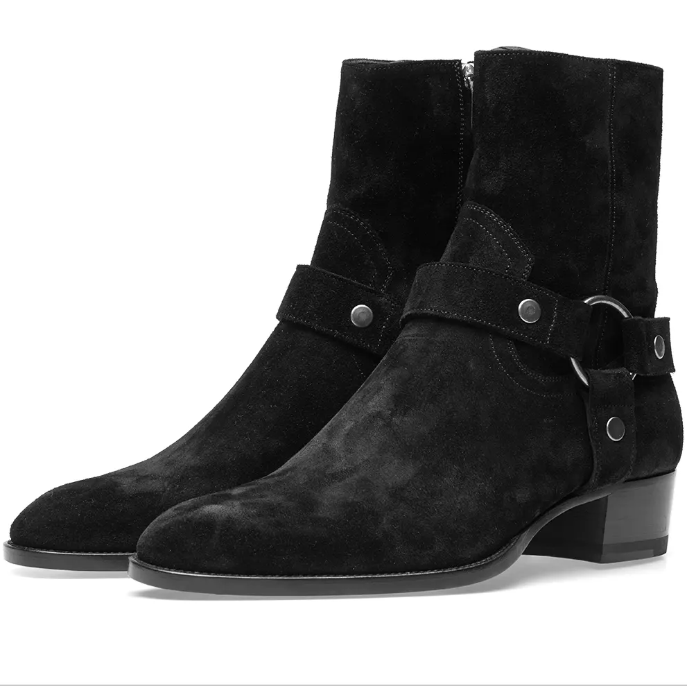 Luxury Brand Wyatt Harness Boot Suede Calf Leather Ankle Strap Biker Boots Stacked Heel Gentleman Chelsea Booties Mens Knight Boot