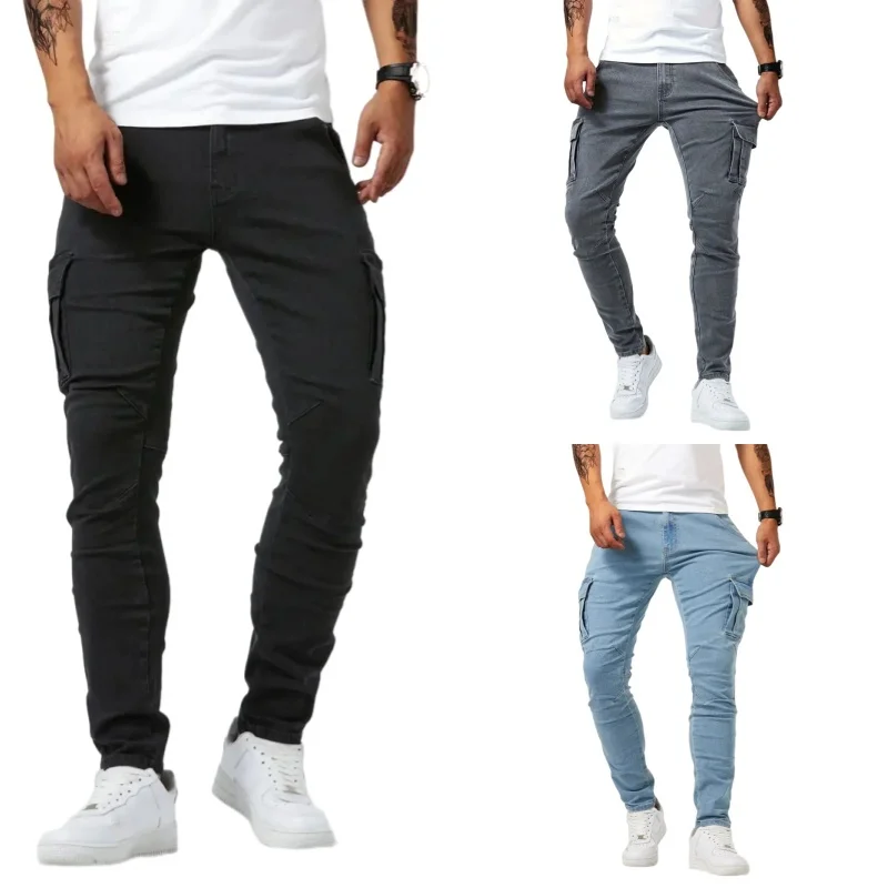 Men Elastic Skinny Jeans Soild Denim Pants Slim Fit Casual Jeans Multi Pocket Cargo Pants Fashion Casual Trousers Man Clothing