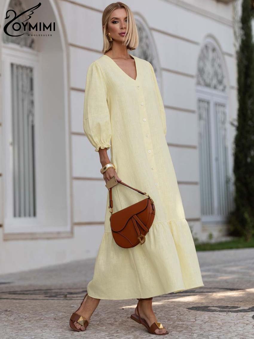 Oymimi Elegant Yellow Cotton Women's Dress Fashion V-Neck Three Quarter Sleeve Dresses Autumn Single Breasted Ankle-Length Dress