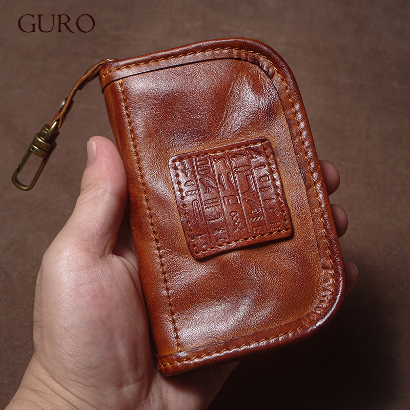 GURO Luxury Genuine Leather Car Key Bags Men Women Vintage Coin Purse Multipurpose Wallet Card Holder Housekeeper Home Organizer