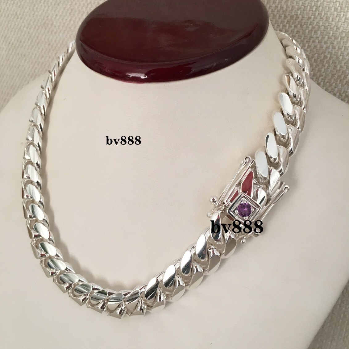 14mm 20inchs 925 sterling solid silver hand made Cuban link chain (with real Amethyst)