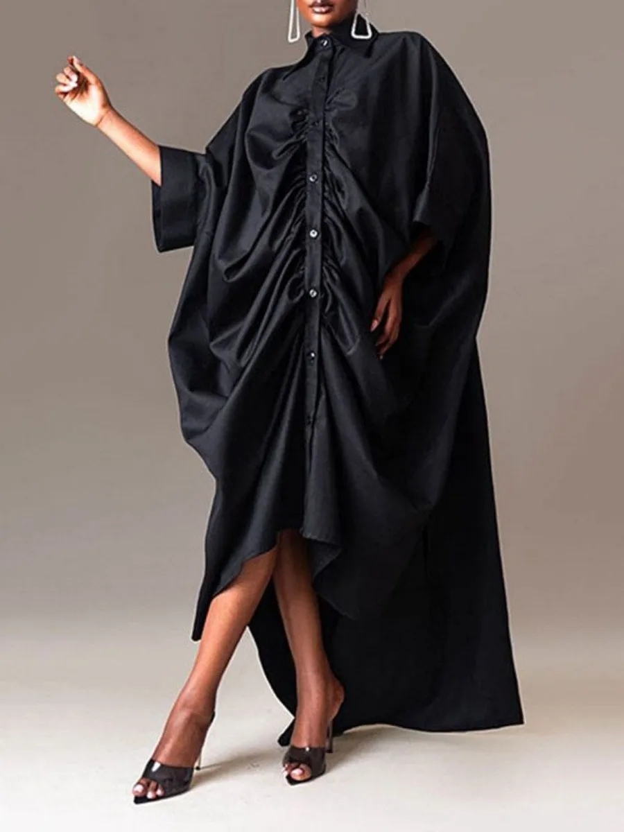 Yeezzi Women's Fashion Pleated Lapel Shirts Dress 2025 New Spring Long Sleeves Loose Buttoned Casual High Street Maxi Dresses