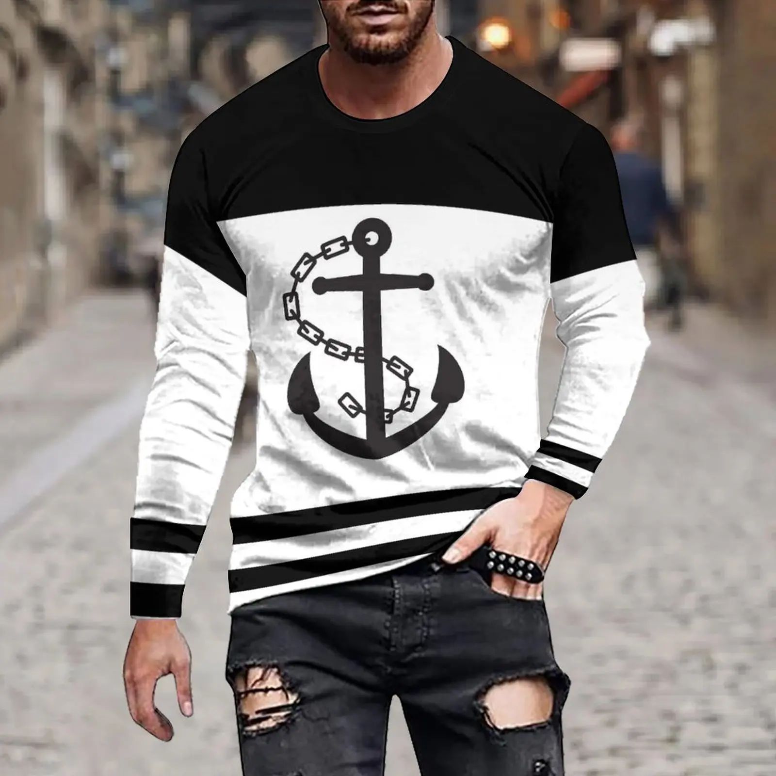 Fashion Street Personality Man 3d Printed Black And White Irregular Pattern Long Sleeve T-Shirt Crewneck Loose Casual Top