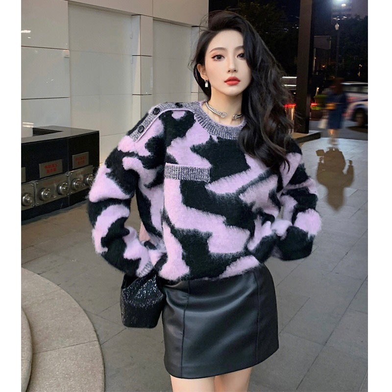 New Stripe Contrast Round Neck Pullover Sweater For Women Autumn Winter New Loose Style Thick Knitted Top Purple Black Clothing