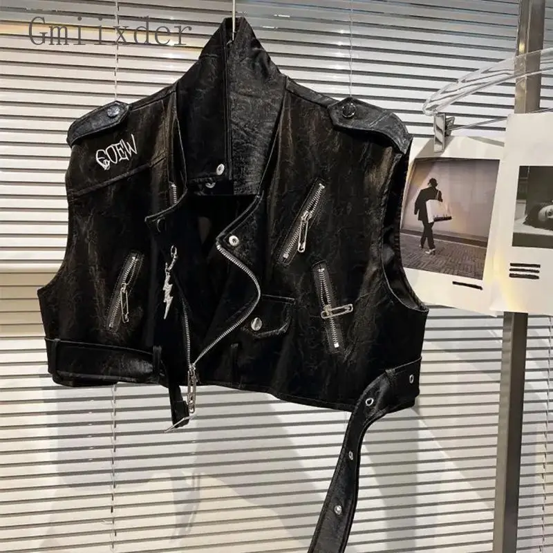 2024 Spring New Style Handsome High Street Motorcycle Outer Jacket with Letter Embroidery PU Patent Leather Vest Women Preppy