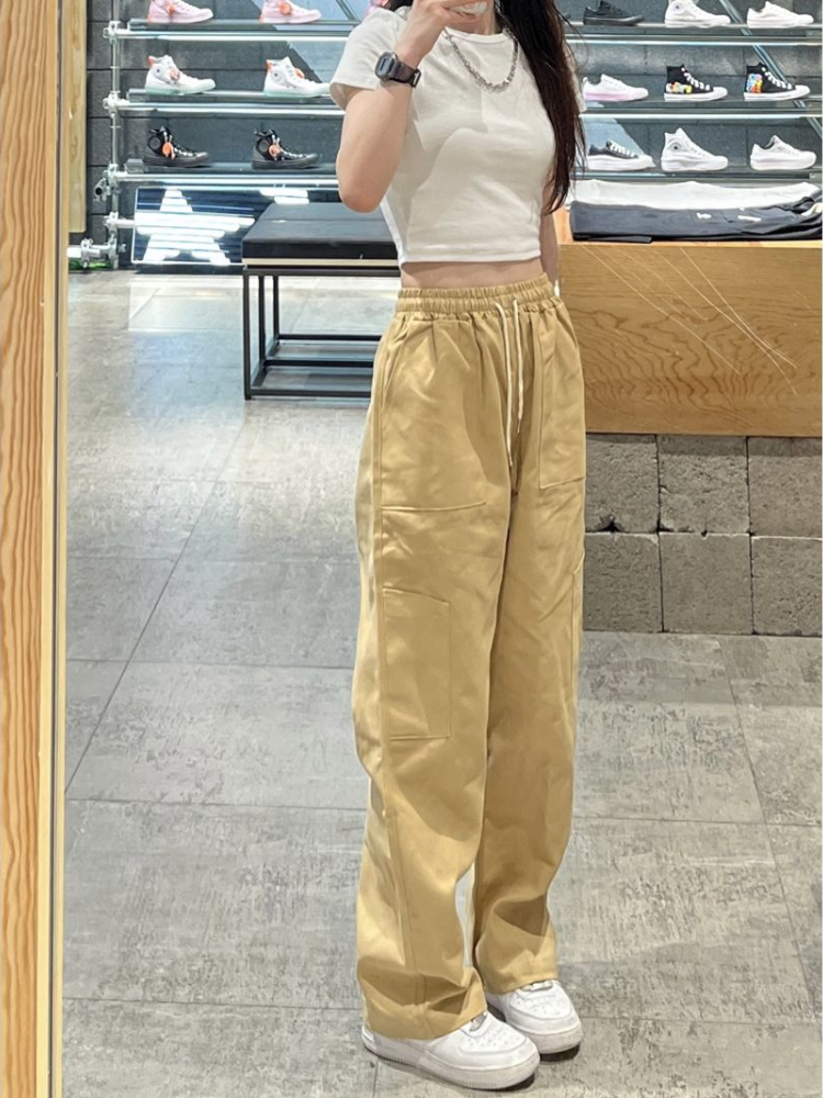 With Pockets Women's Cargo Pants Wide Leg Straight Drawstring Female Trousers One Size 90s Harajuku New in Nylon Elastic Casual