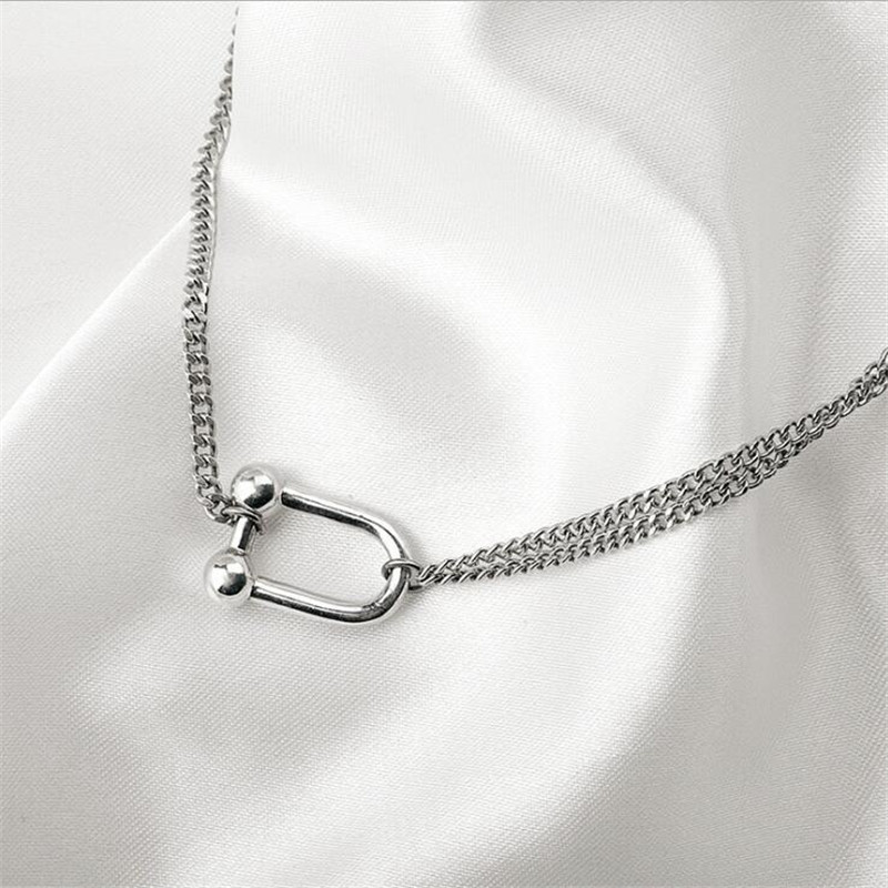 New Thai Silver Retro Double Layer U Shaped Buckle 925 Sterling Silver Jewelry Horseshoe Shaped Clavicle Chain Necklaces TYB373