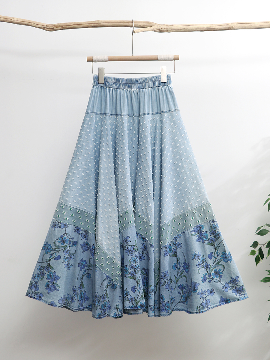 Free Shipping 2024 New Blue Long Maxi Women Elastic High Waist Spring Summer Denim Lady A-Line Patchwork Printed Skirts