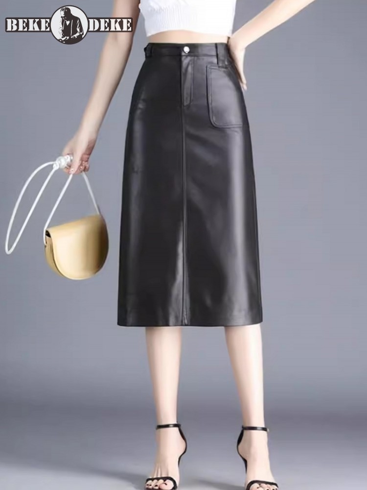 Office Ladies Elastic Waist Knee Length Slim Fit A Line Sheepskin Genuine Leather Skirt Women Elegant Autumn Split Work Skirts