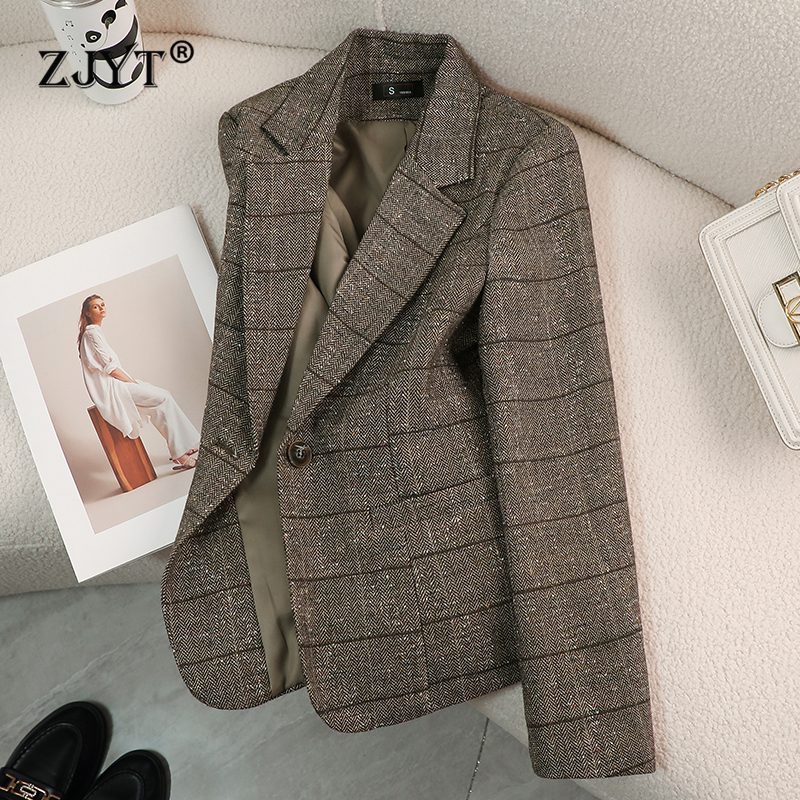 ZJYT New 2025 Autumn Woolen Jackets for Women Winter Coats Long Sleeve Plaid Vintage Thick Outerwears Elegant Jaqueta Feminina