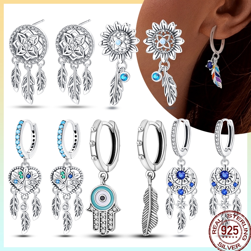 Original 925 Sterling Silver Colorful Shiny Zircon Feather Double Hoop Earrings Women Wedding Engagement Jewelry Gift