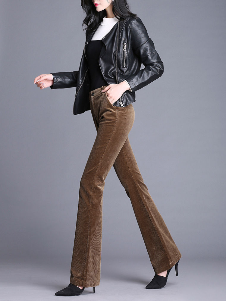 Solid Female Corduroy Trousers Autumn Winter Women's Flare Pants Comfortable Stretch Chic and Elegant Original Korean Fashion G