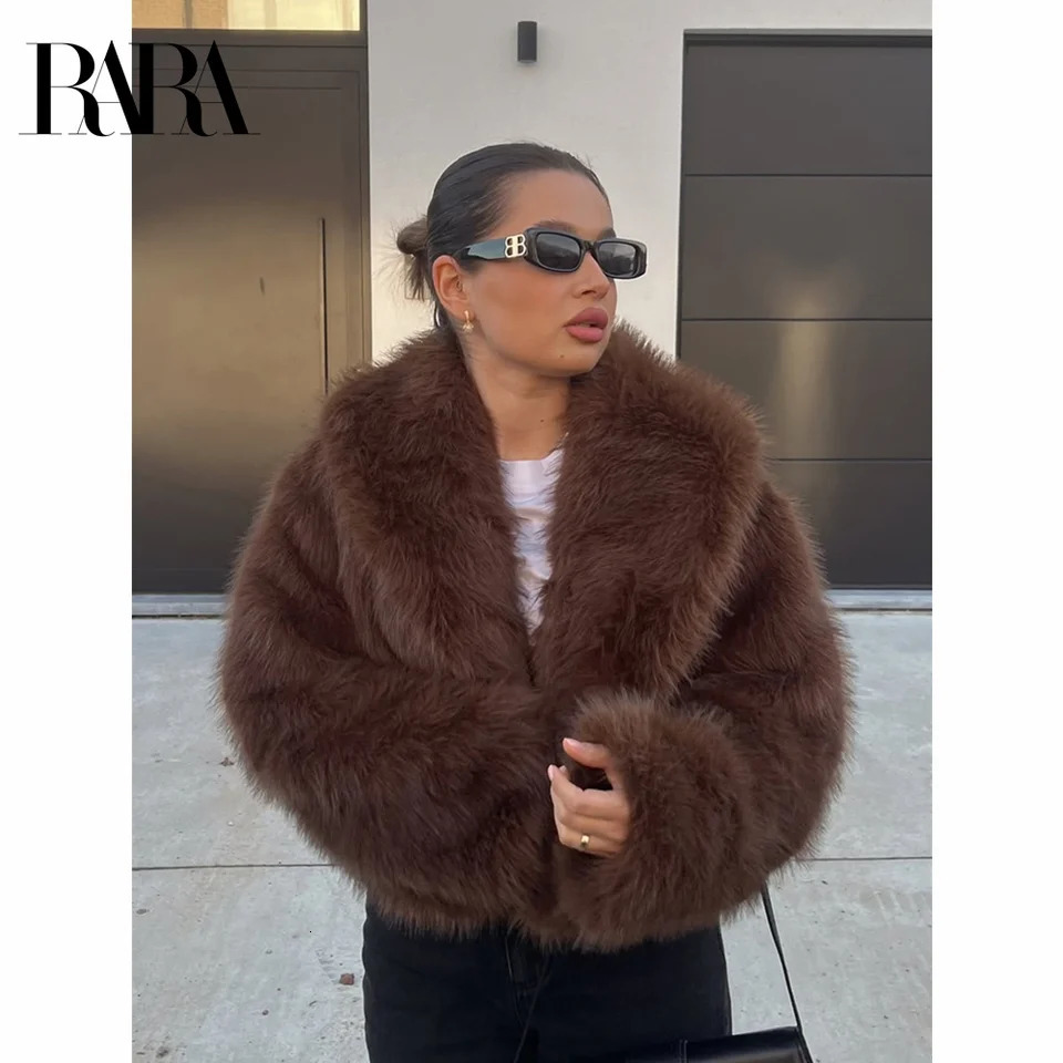 RARA womens winter style lapel long-sleeved artificial fur effect short coat comfortable temperament versatile 250708