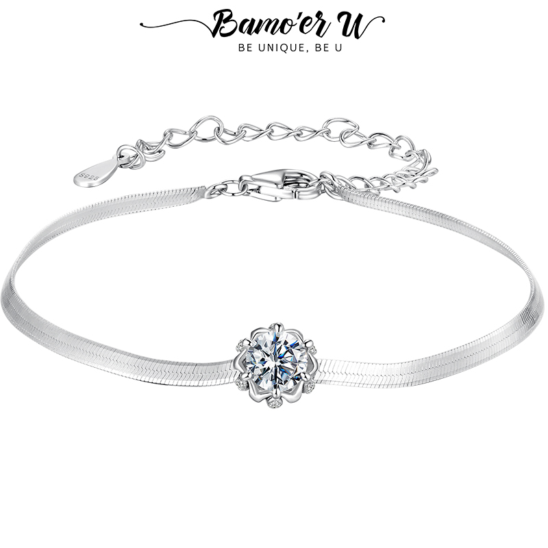 Bamoer U 0.5CT Halo Moissanite Bracelet Flower Buds Adjustable Wrist Chain Original for Women Romantic Gift 925 Sterling Silver