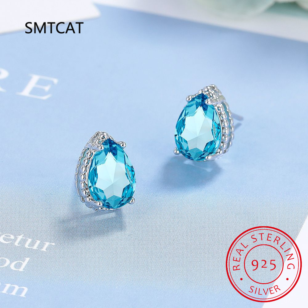 Pear Natural Sky London Blue Topaz 925 Sterling Silver Water Drop Stud Earrings for Woman Statement Fashion Gemstone Jewelry