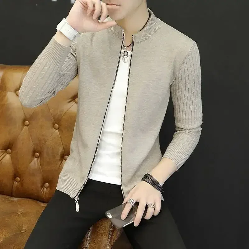 Knit Sweater Male Solid Color No Hoodie Collared Men's Clothing Zip-up Cardigan Zipper Plain Stylish Hot Casual Neck Cotton A