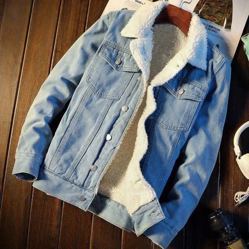 Denim Jackets Man Warm Padding Jeans Coat for Men Padded Black Wool Slim Fit with Sheep Fashion Winter 2024 Size L Trendy Large