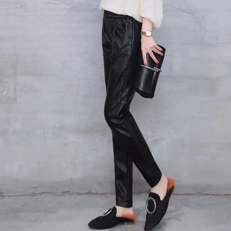 Female Trousers Autumn Winter Black Pencil Women's PU Leather Pants Original One Size With Elegant Sale Trends 2024 Classic G