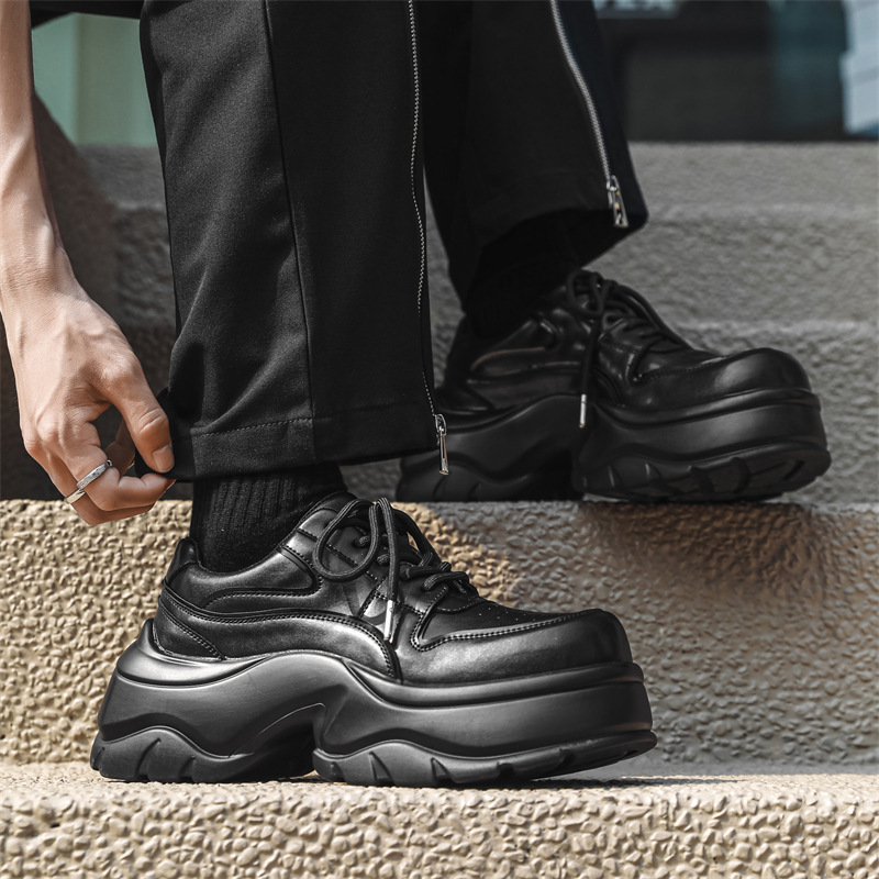 Stylish Fashion Designer Men Black Leather Shoes Business Running Minimalist Lace Up Leather Round Toe Thick Sole Rock Gothic Punk Shoes Casual