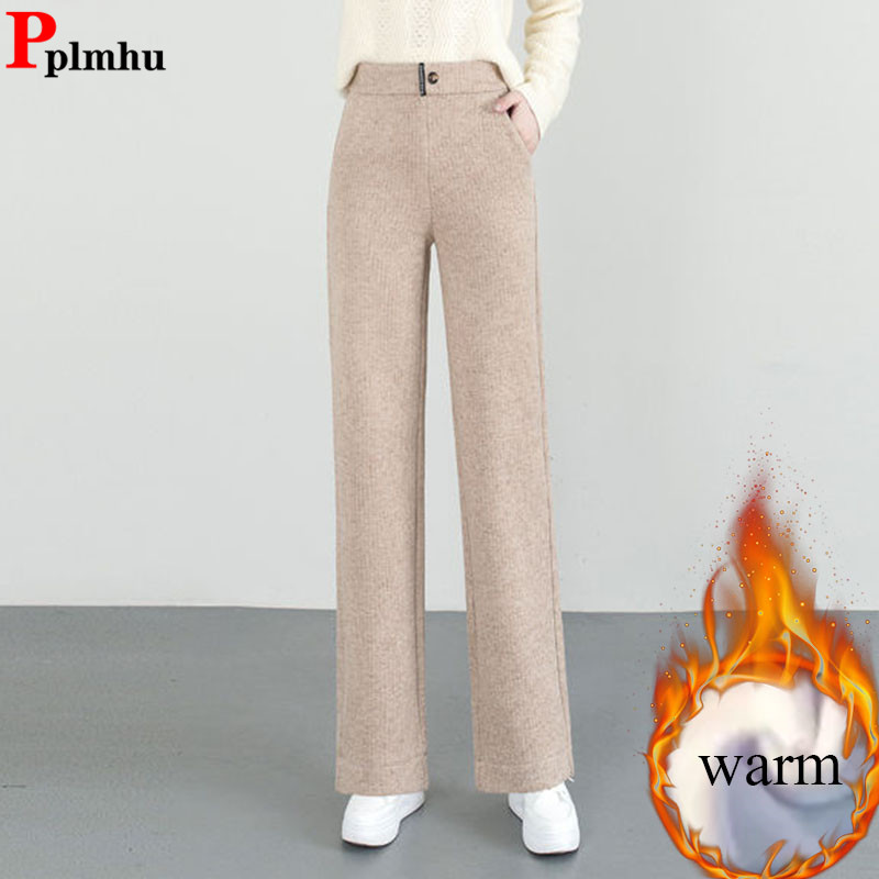 Women Thicken Loose Wide Leg Pants Winter Warn Elastic High Waist Velvet Lined Straight Pantalones Korean Casual Snow Wear Calca