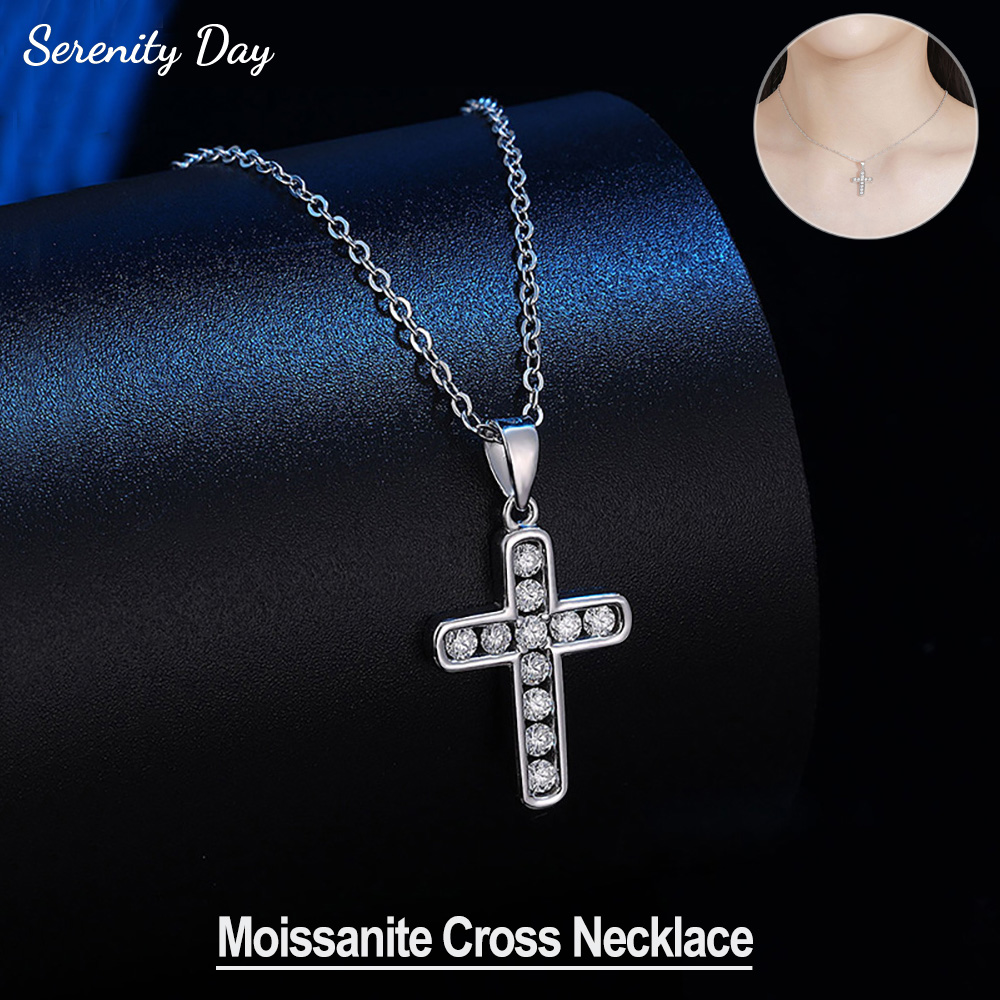 Serenity 2mm Moissanite Cross Necklace for Women Men 100% S925 Sterling Silver Plated 18K Jesus Pendant Neck Chain Fine Jewelry