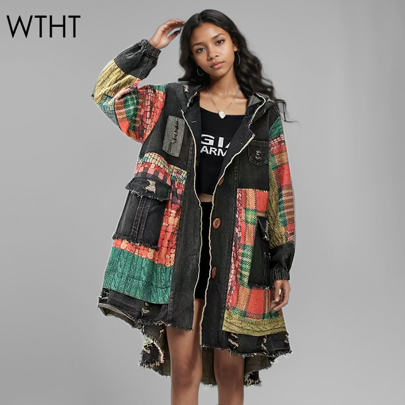 WTHT 2024 Autumn Vintage Plaid Patchwork Denim Hooded Coat For Women Loose Long Sleeves Single Breasted Jacket Female 1LS208