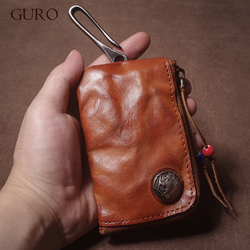 GURO High Quality Genuine Leather Home Car Key Bag Retro Men Handmade Top Cowhide Coin Purse Women Zipper Mini Wallet Card Holde
