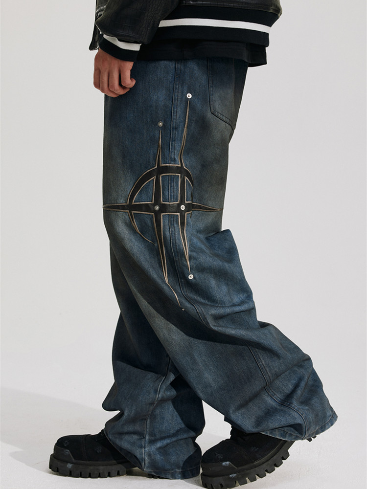 2024 Cyber Y2K Streetwear Pu Leather Embroidery Baggy Stacked Jeans Pants Men 90S Vintage Clothes Punk Trousers Ropa Aesthetic