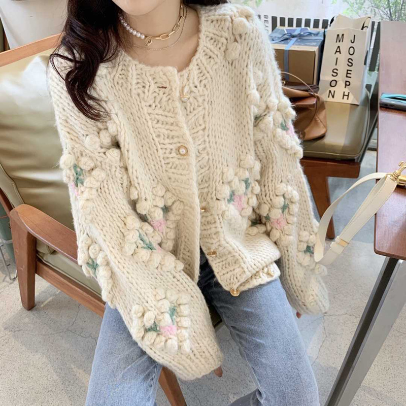 TIYIHAILEY Free Shipping 2024 New Knitting Coat Women Hand Made Spring Outerwear Full Sleeve Flower Beige Cardigan