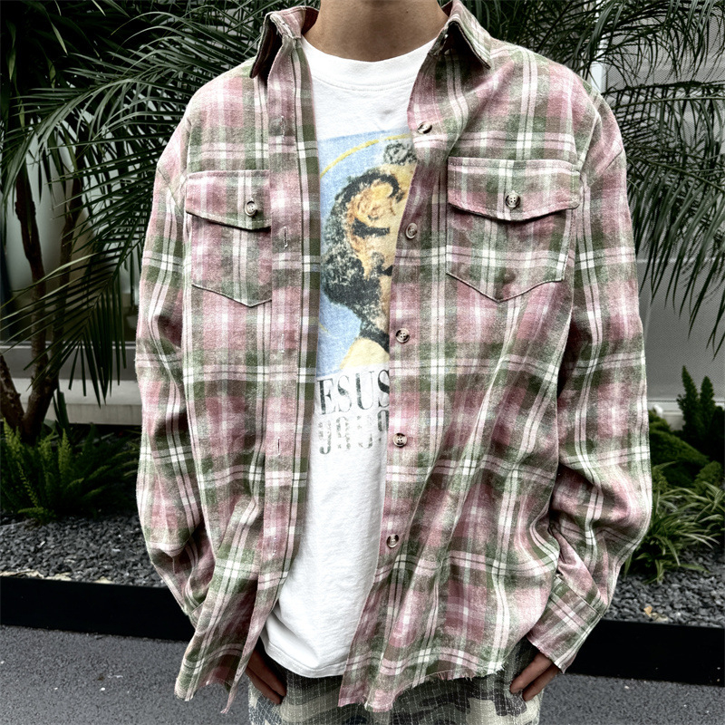 Retro Distressed Halo Dyeing Flannel Cotton Plaid Shirts Men Women Oversize Shirts Top