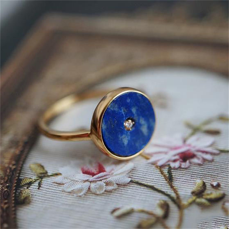 French Fashion Natural Lapis Lazuli Geometric Ring for Women 2024 New Stainless Steel Adjustable Ring Party Jewelry Accessories